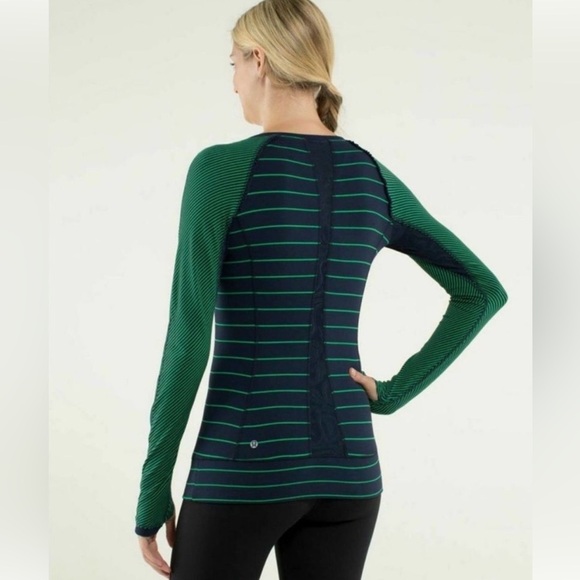 Lululemon Slalom Stripe Inkwell Green Long Sleeve Full Tilt Shirt Top - Picture 4 of 15